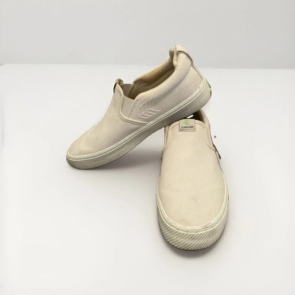 Cariuma Women’s 9, Men's 7 White Canvas Slip-On Shoes, Cork Insole